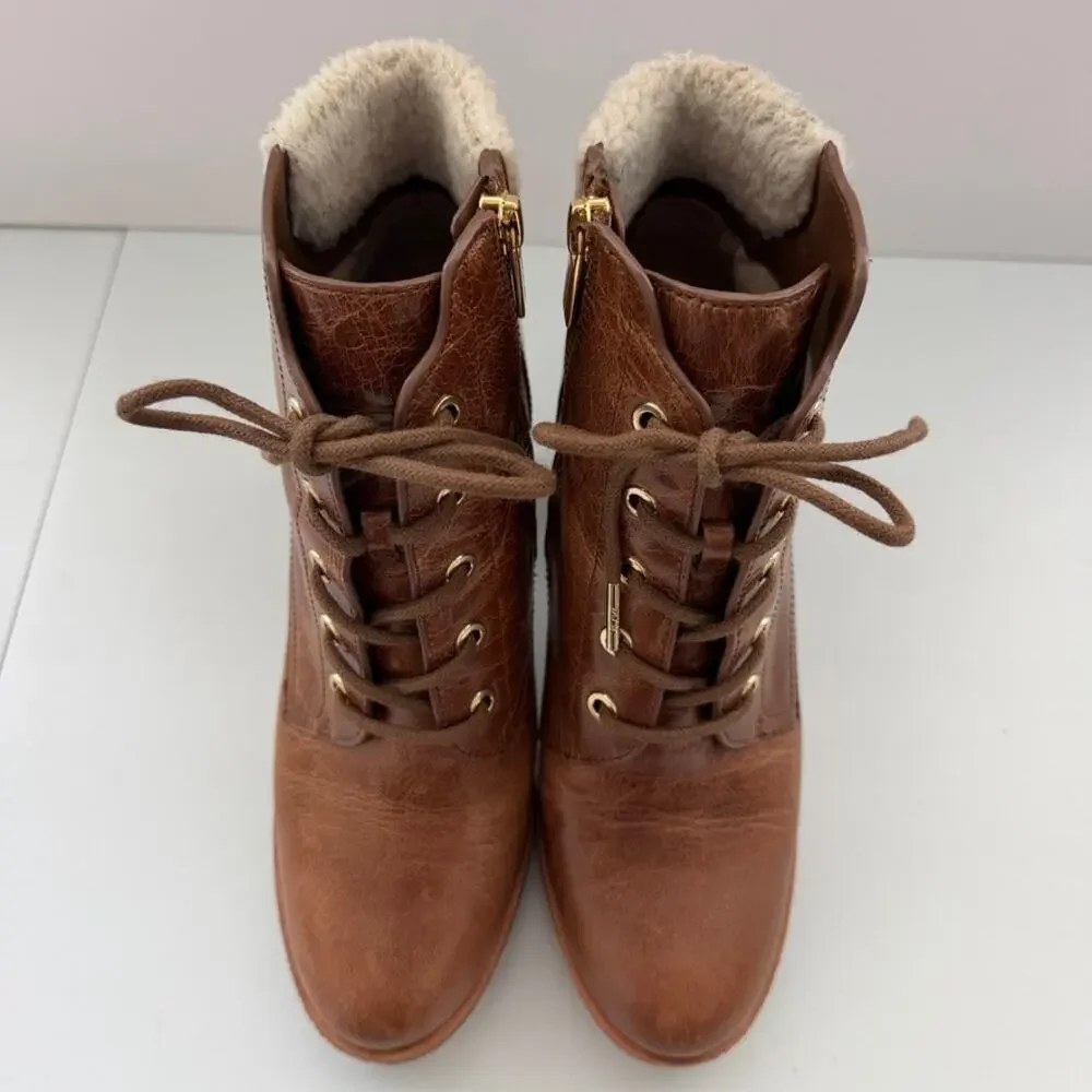 Michael Kors Kim Leather Carmel Distressed Stacked Heel Ankle Boots Size 7.5